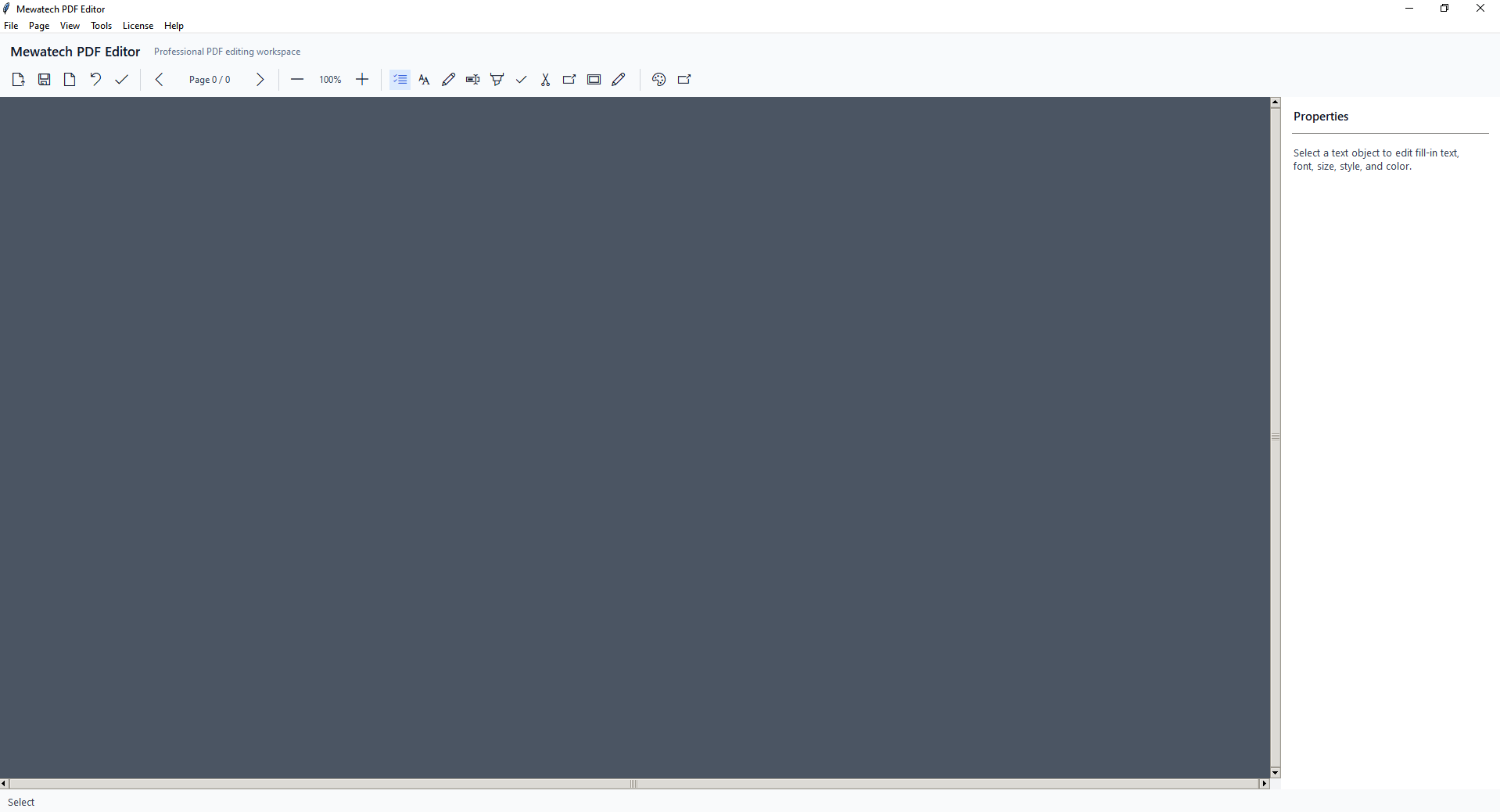 Mewatech PDF Editor application interface showing PDF workspace, toolbar and properties panel